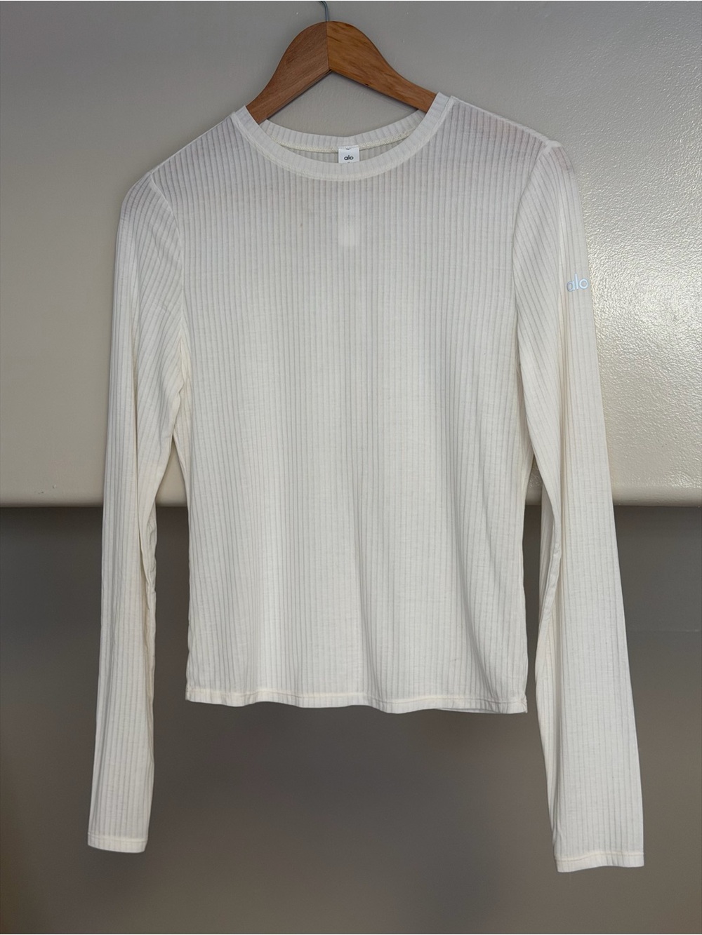 ALO Yoga Ribbed Long Sleeve Crewneck Top in Cream